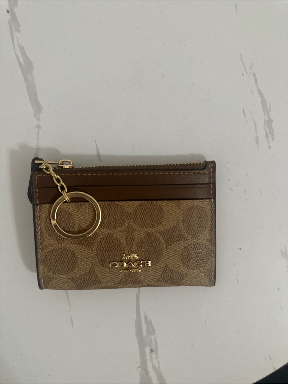 Coach Tan/Brown Signature Card Holder with Gold Key Ring